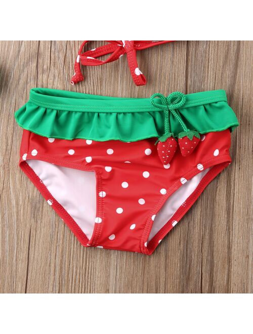 Baby Girl Strawberry Printed Ruffled Bikini Tankini Sets with Hat Kids Summer Beach Two Pieces Swimsuit Swimwear Bathing Suit