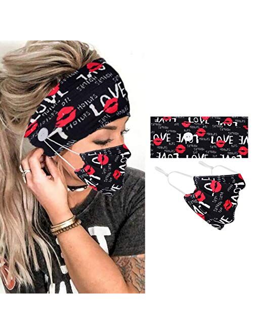 Jeairts Boho Bandeau Headbands with Buttons Running Fabric Hair Bands Elastic Cloth Turban Head Wraps with Mouth Cover Non Slip Head Cover Stylish Yoga Hair Accessories f