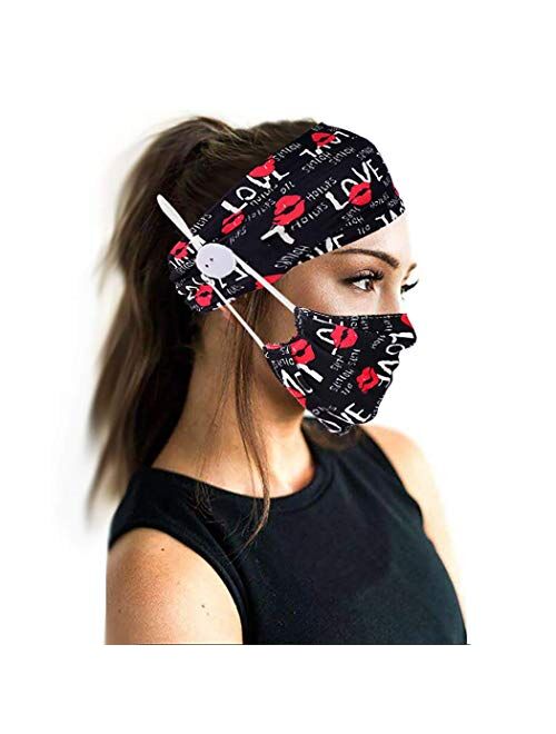 Jeairts Boho Bandeau Headbands with Buttons Running Fabric Hair Bands Elastic Cloth Turban Head Wraps with Mouth Cover Non Slip Head Cover Stylish Yoga Hair Accessories f