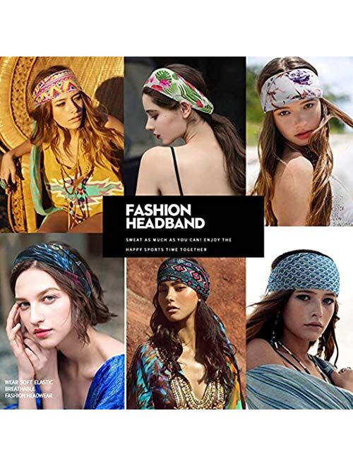 Gortin Boho Headbands Blue with Button Yoga Stretch Tie Dye Hair Bands Wide Head Turban Fashion Head Wraps with Mouth Cover for Women and Girls