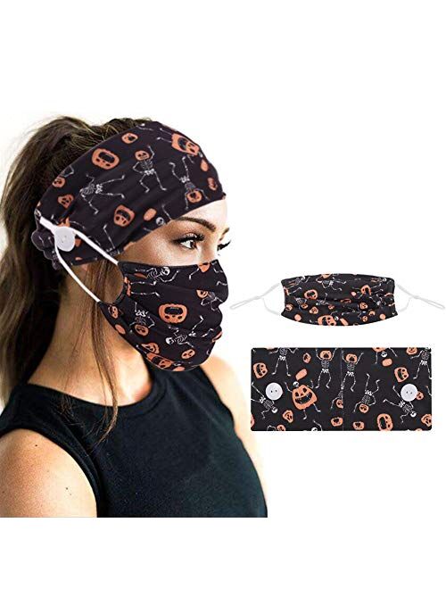 2Pcs Button Headband and Mask for Women Turban Soft Yoga Sports Elastic Hair Fashion Hair Band with Mask for Nurse Mask Headband with Buttons (Black Pumpkin)