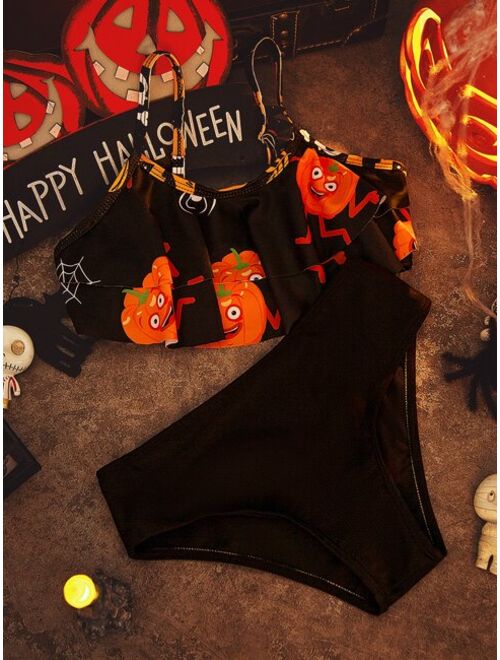 Shein Girls Halloween Print Flounce Hem Bikini Swimsuit