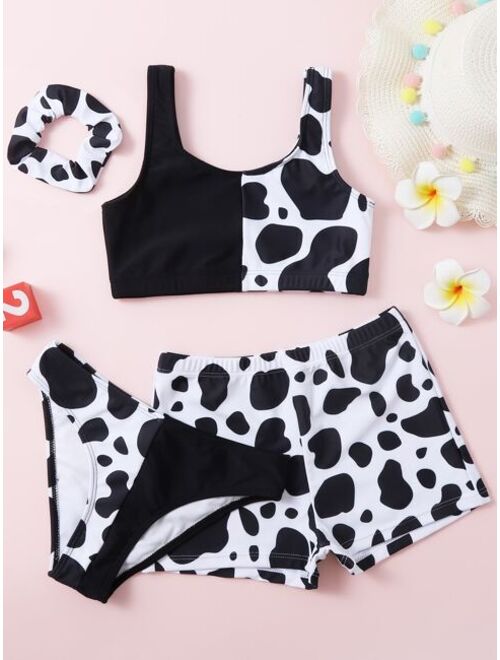 Buy Shein 4pack Girls Cow Print Bikini Swimsuit & Scrunchie online ...