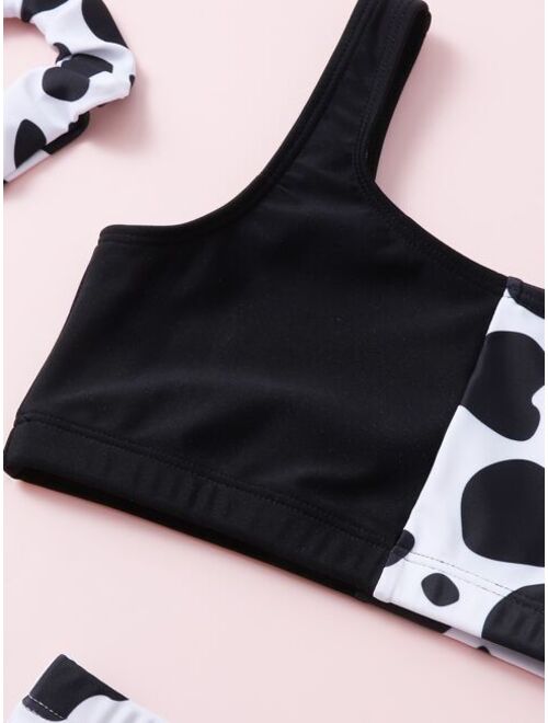 Shein 4pack Girls Cow Print Bikini Swimsuit & Scrunchie