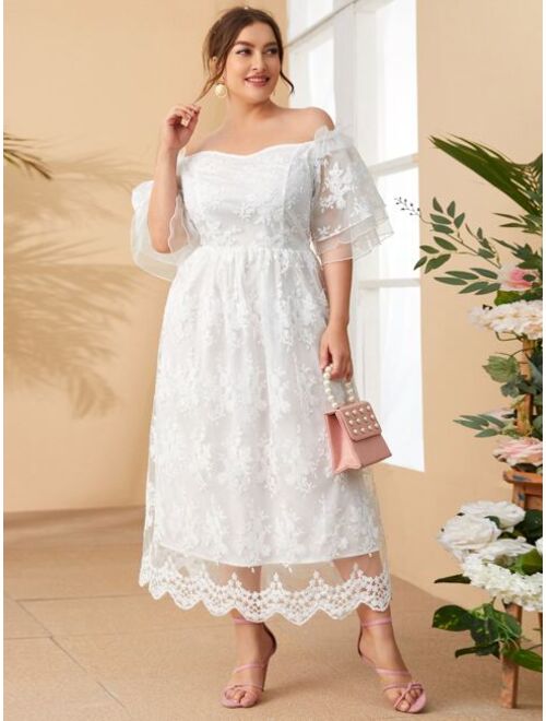 SHEIN Plus Off Shoulder Bell Sleeve Floral Embroidered Mesh Dress