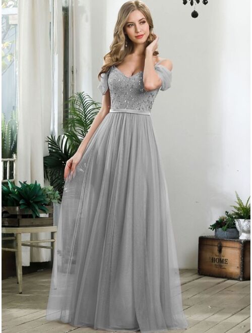 Ever-pretty Cold Shoulder Contrast Sequin Mesh Prom Dress