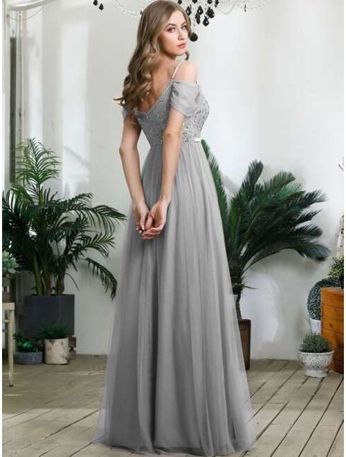 Ever-pretty Cold Shoulder Contrast Sequin Mesh Prom Dress