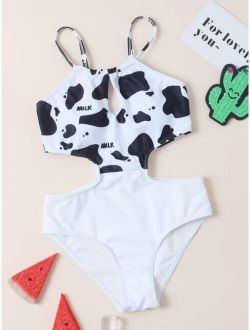 Girls Cow Print Cut-out One Piece Swimsuit