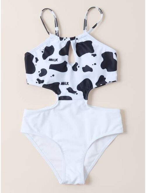 Shein Girls Cow Print Cut-out One Piece Swimsuit