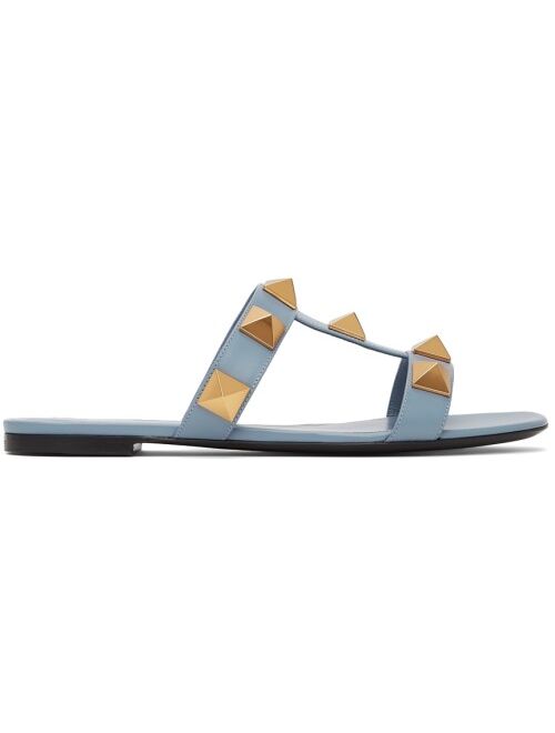 Valentino Blue Roman Stud Flat Slide Sandals
