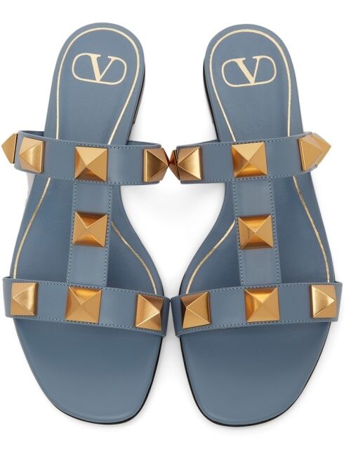 Valentino Blue Roman Stud Flat Slide Sandals