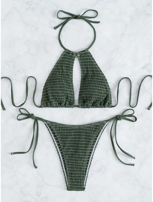 Shein Smocked Halter Tie Side Bikini Swimsuit