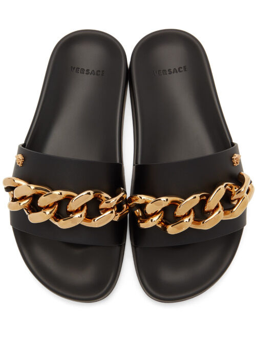 Versace Black Leather Medusa Chain Sandals