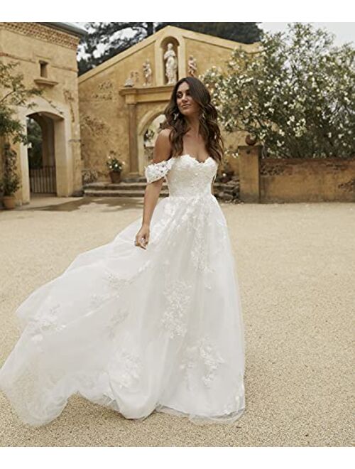 Lover Kiss Women's Floral Lace Wedding Dresses for Bride 2021 Long Off Shoulder Beaded Mermaid Bridal Gowns