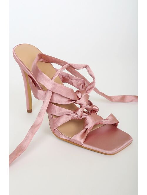 Lulus Callysta Blush Satin Knotted Lace-Up High Heel Sandals