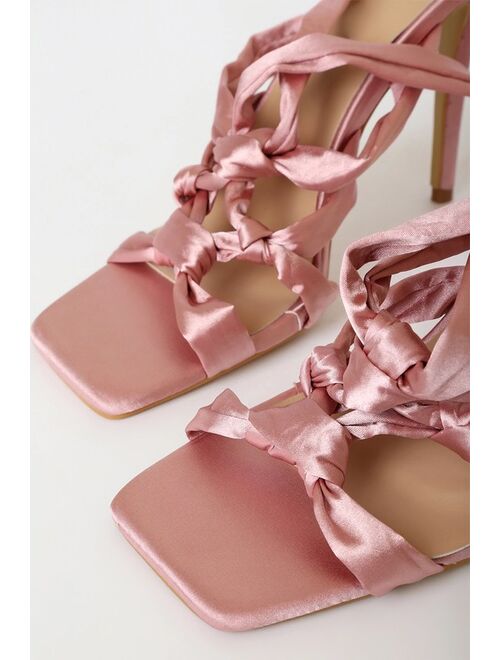 Lulus Callysta Blush Satin Knotted Lace-Up High Heel Sandals