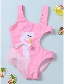 Toddler Girls Swan Print Cut-out One Piece Swimsuit