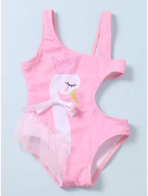 Shein Toddler Girls Swan Print Cut-out One Piece Swimsuit