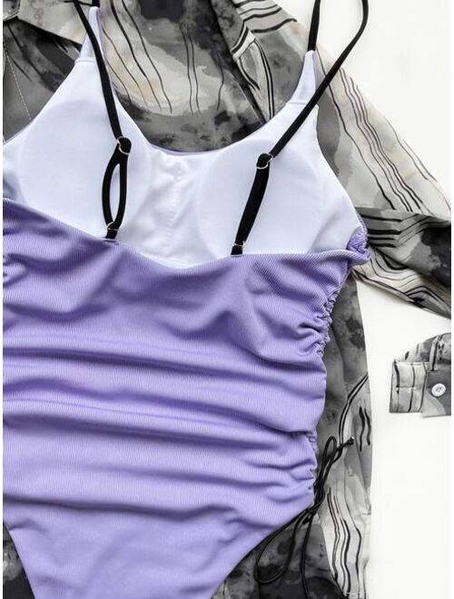 Buy Shein Rib Drawstring Side One Piece Swimsuit online Topofstyle