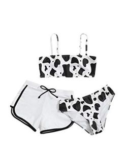 Girl's 3 Pcs Cow Print Bikini Swimsuit Beach Swim Bathing Suit with Shorts