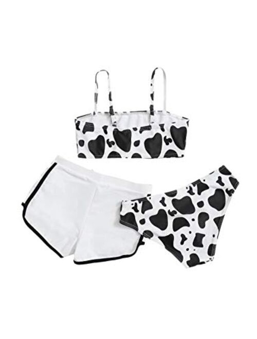Romwe Girl's 3 Pcs Cow Print Bikini Swimsuit Beach Swim Bathing Suit with Shorts