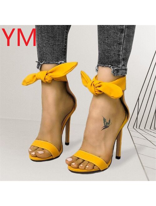 Fashion Ankle Strap Women Pumps Casual Sandals Summer Bow High Heel Shoes Ladies Office Work Sandalias Shoes Gladiator Yellow