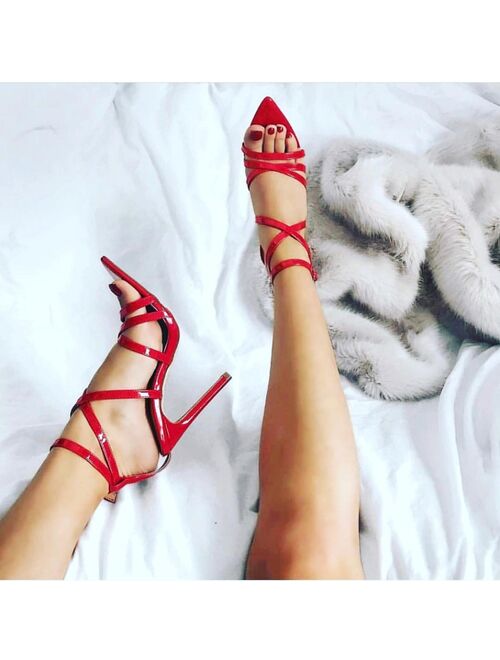 Super high heels 11cm women's pumps ankle cross-strap sandals shoes woman lady pointy open toe stiletto high-heeled party shoe