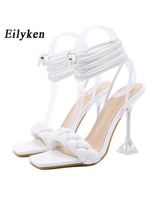 Eilyken 2021 New Summer Fashion Design Weave Women Sandals Transparent Strange High heels Ladies Sandals Open Toe Shoes