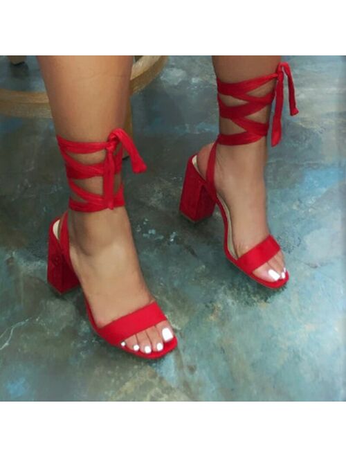New Women Platform Summer Sandals Lace Up Black Red Thick High Heels Sexy Ladies Ankle Strap Shoes Cross-tied Female Sandalias