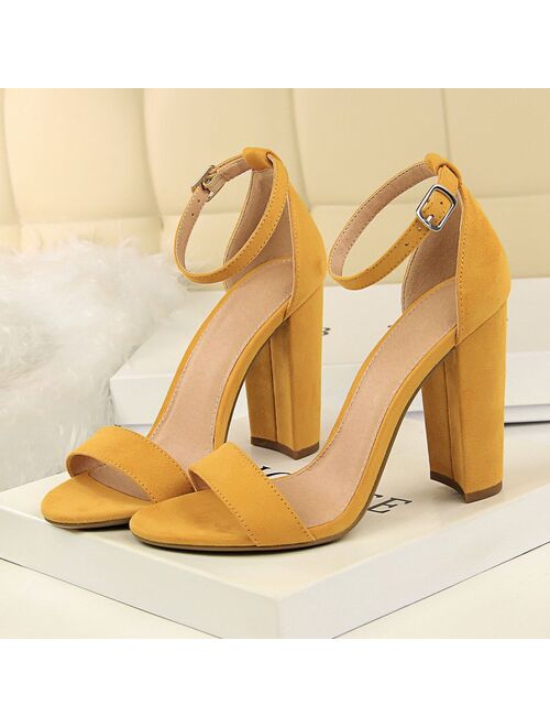 2021 Summer Plus Size 34-43 Woman 9.5cm High Heels Sandals Classic Block Platform Pumps Lady Chunky Burgundy Yellow Nude Shoes