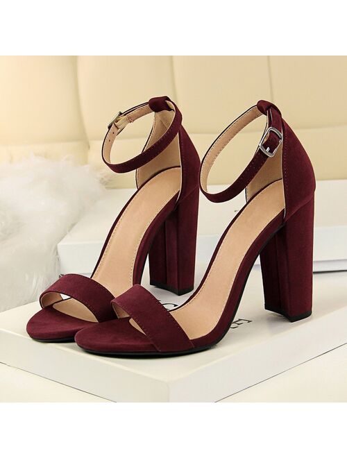 2021 Summer Plus Size 34-43 Woman 9.5cm High Heels Sandals Classic Block Platform Pumps Lady Chunky Burgundy Yellow Nude Shoes