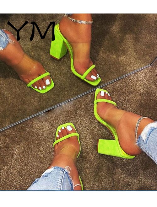 Women Transparent Pvc Sandals Ladies High Heel Slippers Candy Color Open Toes Thick Heel Fashion Female Slides Summer Shoes