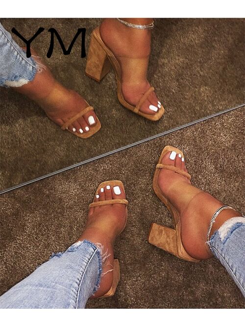 Women Transparent Pvc Sandals Ladies High Heel Slippers Candy Color Open Toes Thick Heel Fashion Female Slides Summer Shoes