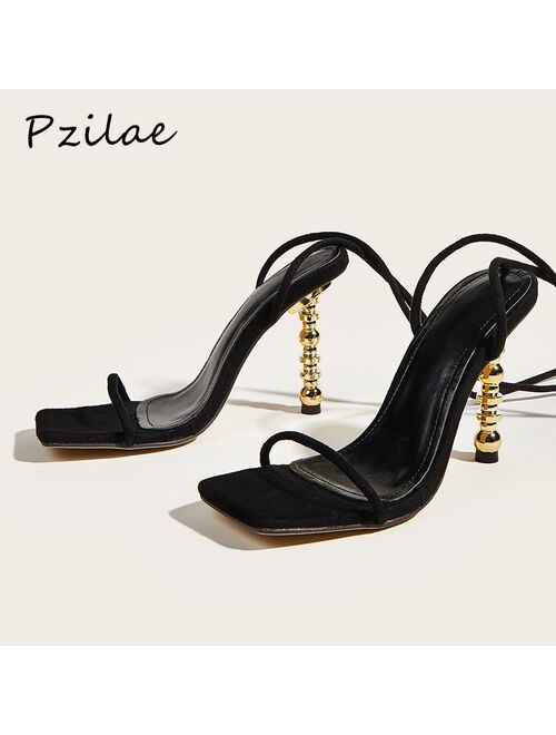 Pzilae 2021 New Summer Women Sandals Sexy Square Toe Lace Up Women Gladiator Sandals Metal High Heels Party Shoes Black Size 41