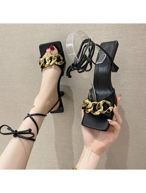 Summer Women Sandals Ankle Strap Chain Square Toe Women's Sexy Pumps Ladies Thin Heels Shoes Female Footwear Plus Size 2021