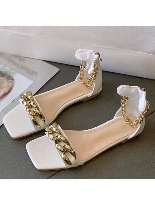 Summer Women Sandals Ankle Strap Chain Square Toe Women's Sexy Pumps Ladies Thin Heels Shoes Female Footwear Plus Size 2021