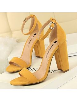 Summer Women Sandals Pumps Ankle Strap Square High Heels Sandalias Mujer Flock Open Toe Sexy Shoes Woman Plus Size 34-43 WSH4121