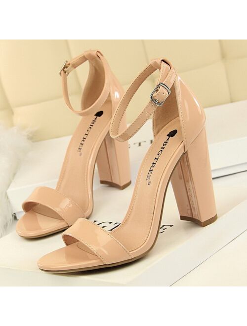Summer Women Sandals Pumps Ankle Strap Square High Heels Sandalias Mujer Flock Open Toe Sexy Shoes Woman Plus Size 34-43 WSH4121