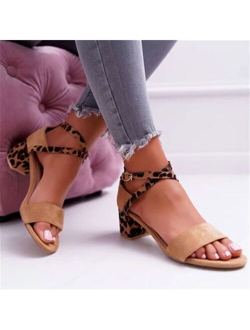2021 Summer Women Sandals Peep-toe Buckle Strap Sandals Party Leopard Print Yellow Square High Heels 5CM Sandals