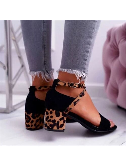 2021 Summer Women Sandals Peep-toe Buckle Strap Sandals Party Leopard Print Yellow Square High Heels 5CM Sandals