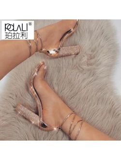 Big size 34-43 Women Heeled Sandals Bandage Rhinestone Ankle Strap Pumps Super High Heels 11 CM Square Heels Lady Shoes new #265