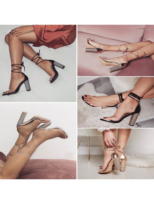 Big size 34-43 Women Heeled Sandals Bandage Rhinestone Ankle Strap Pumps Super High Heels 11 CM Square Heels Lady Shoes new #265