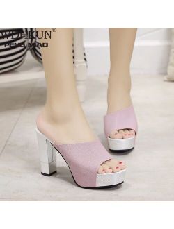 Fashion Summer Women Elegant Pink High Heel Sandals Peep Toe Platform Shoes Sexy Crystal Chunky Heel Shoes Lady Thick Heel 34-40