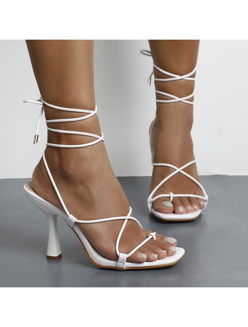 2021 Summer White Black Woman Sandals Fashion Cross-Tied High Heels Shoes Sexy Lace Up Party Pumps shoes Size 35-43
