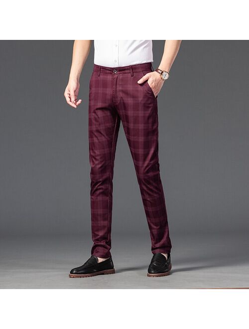 Jeywood Brand Men's Plaid Pants Casual Elastic Long Trousers Cotton Blue Skinny Business Work Pant for Male Classic Clothing