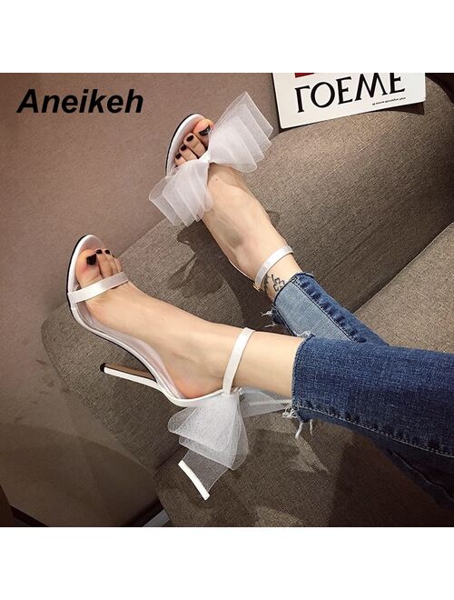 Aneikeh Summer Fashion White Silk Butterfly-knot Peep-toe High Heels Sandals Women Buckle Strap Back Pumps Wedding Party Shoes