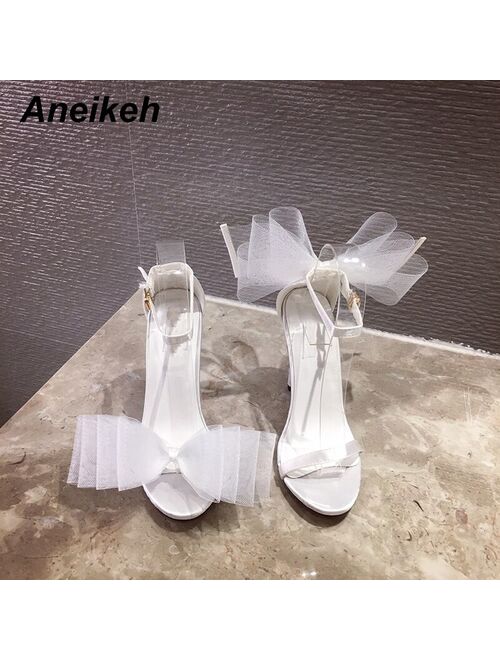Aneikeh Summer Fashion White Silk Butterfly-knot Peep-toe High Heels Sandals Women Buckle Strap Back Pumps Wedding Party Shoes