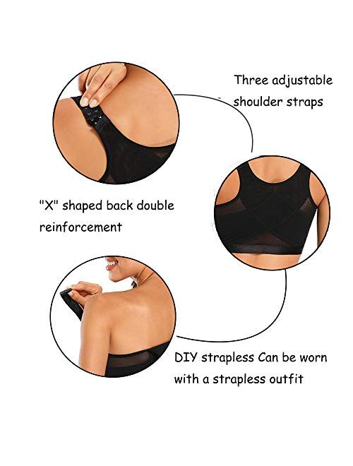 Women's Full Coverage Front Closure Wire Free Back Support Posture Bra with Adjustable Straps Comfort Workout Bra