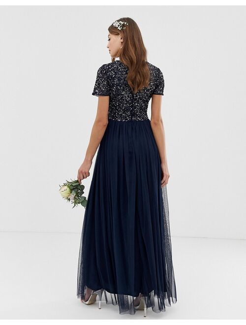 Maya Bridesmaid v-neck maxi tulle dress with tonal delicate sequins in navy