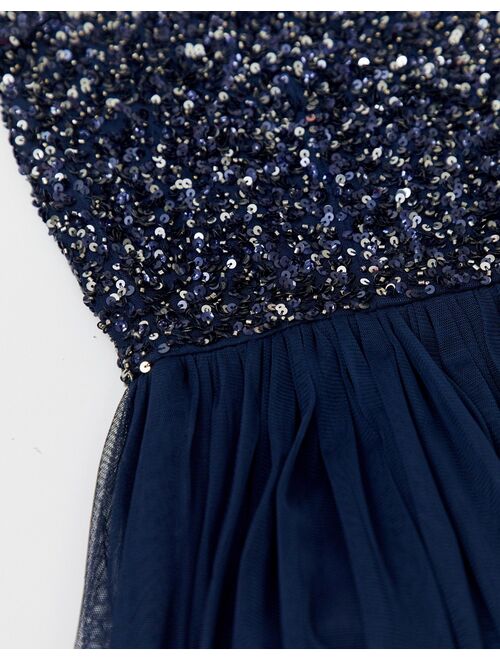 Maya Bridesmaid v-neck maxi tulle dress with tonal delicate sequins in navy